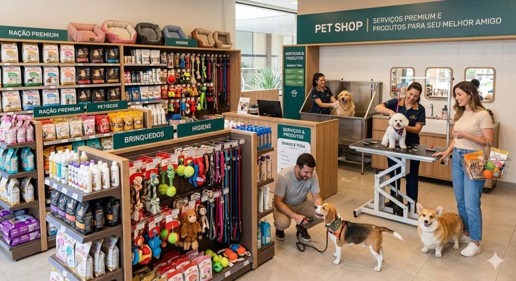 Profissional realizando banho e tosa em pet shop moderno